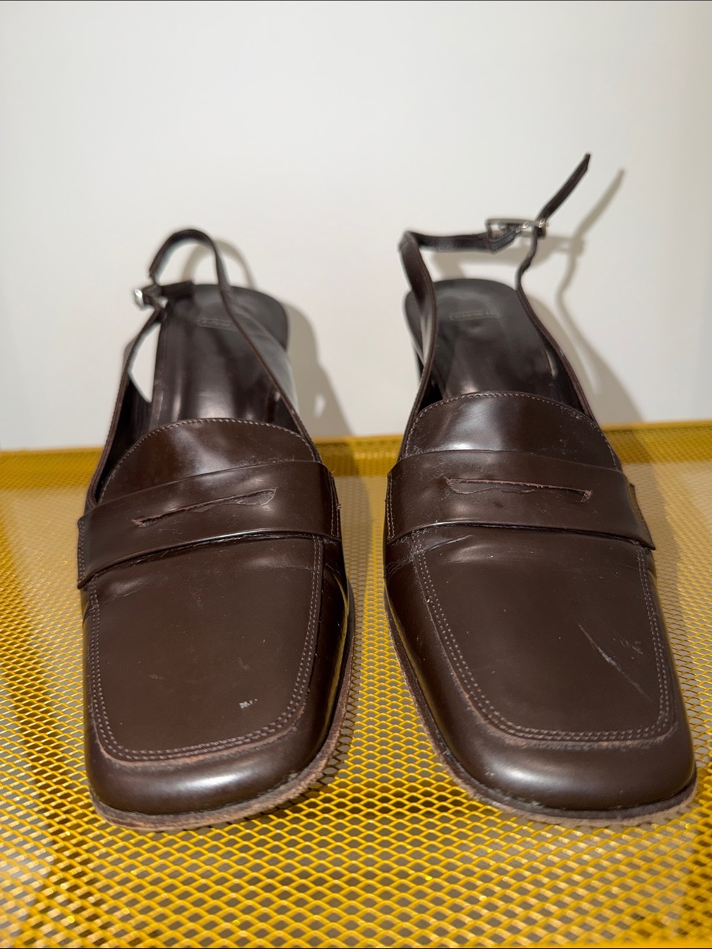 Coach Dark Brown Leather Slingback Block Heel Penny Loafers